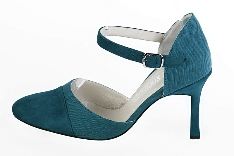 Peacock blue women's open side shoes, with an instep strap. Round toe. Very high slim heel. Profile view - Florence KOOIJMAN